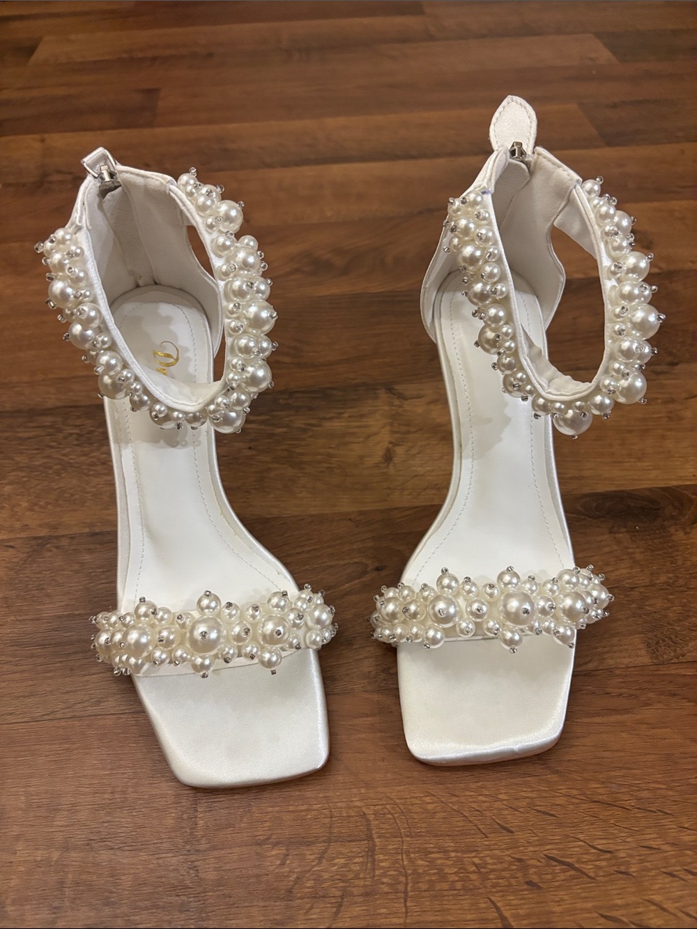 Pearl-Embellished White Ankle-Strap Heels with Block Heel
